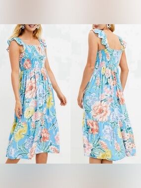 Loft Blue Floral Smocked Summer Midi Dress Resort Wedding Formal Tiered Boho Mod